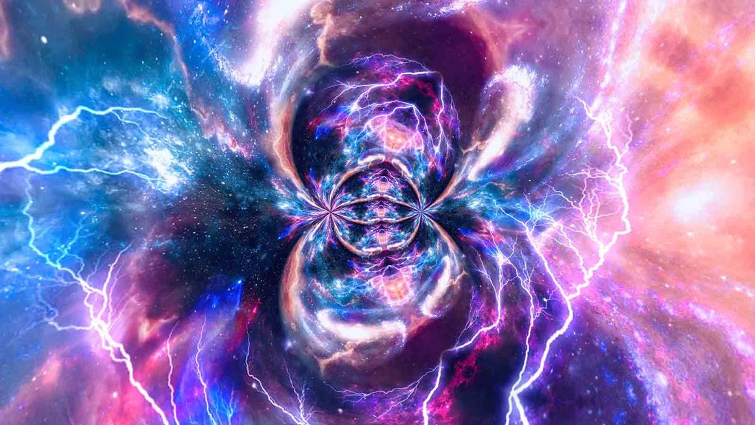 Abstract cosmic energy vortex with electric lightning bolts and swirling galaxies in vibrant purple, pink, and blue tones.