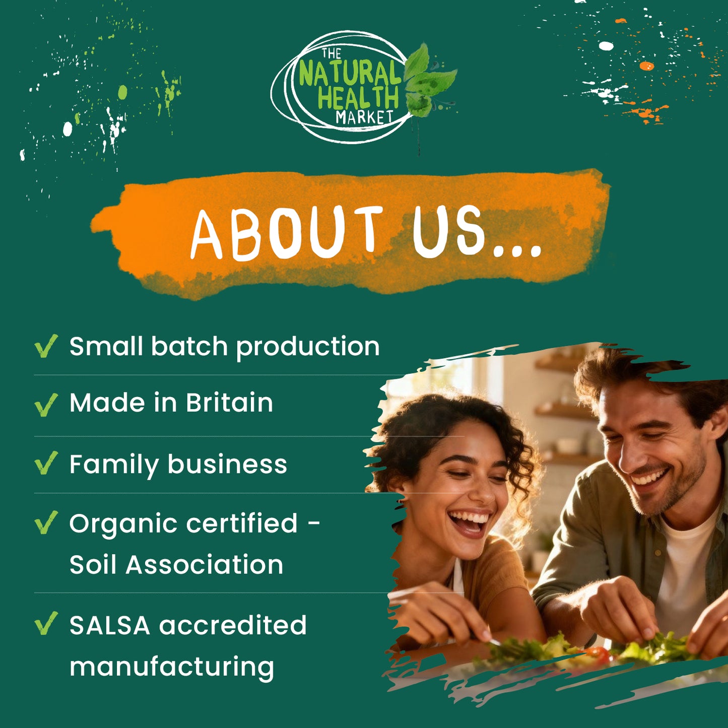 Promotional graphic about The Natural Health Market with a couple eating salad, featuring their brand logo and key points.