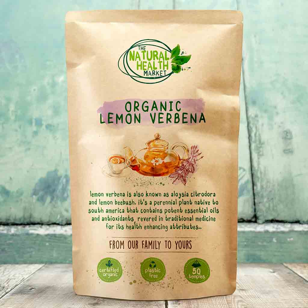 Bag of Organic Lemon Verbena from The Natural Health Market on a wooden surface with a blurred natural background.