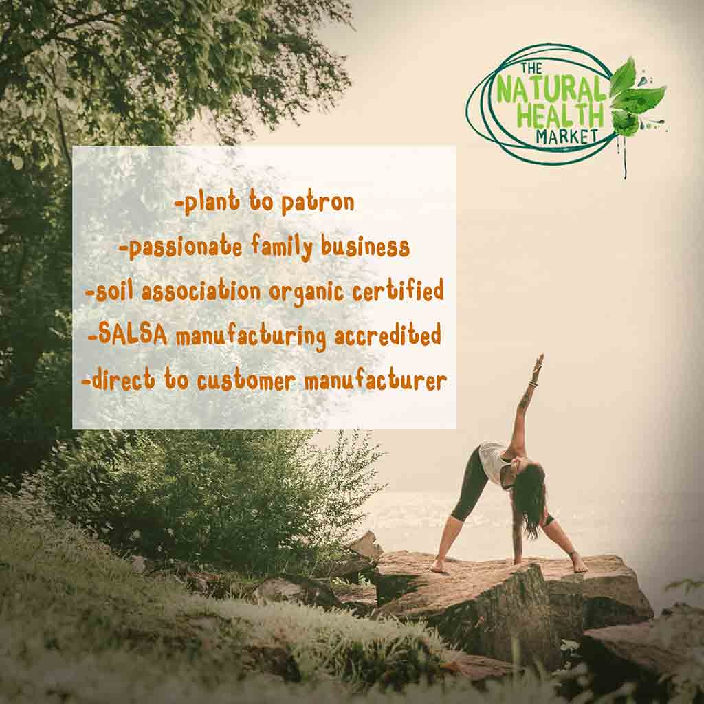 Person practicing yoga on a rock with 'The Natural Health Market' branding and text about certification and accreditation.