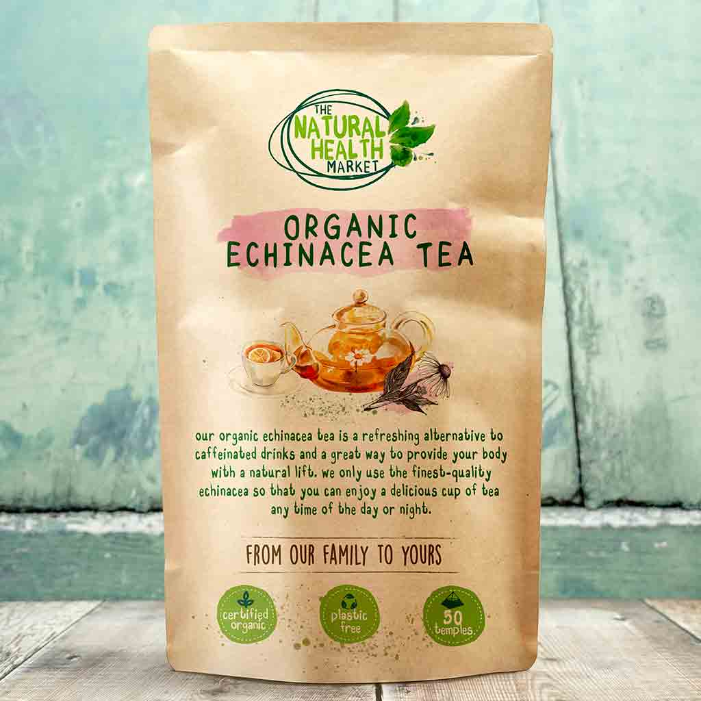 Bag of Organic Echinacea Tea from The Natural Health Market on a wooden surface with a blurred natural background.