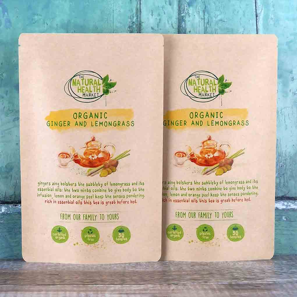 Organic Ginger and Lemongrass Tea Bags  - 100 pyramid bag pack by The Natural Health Market