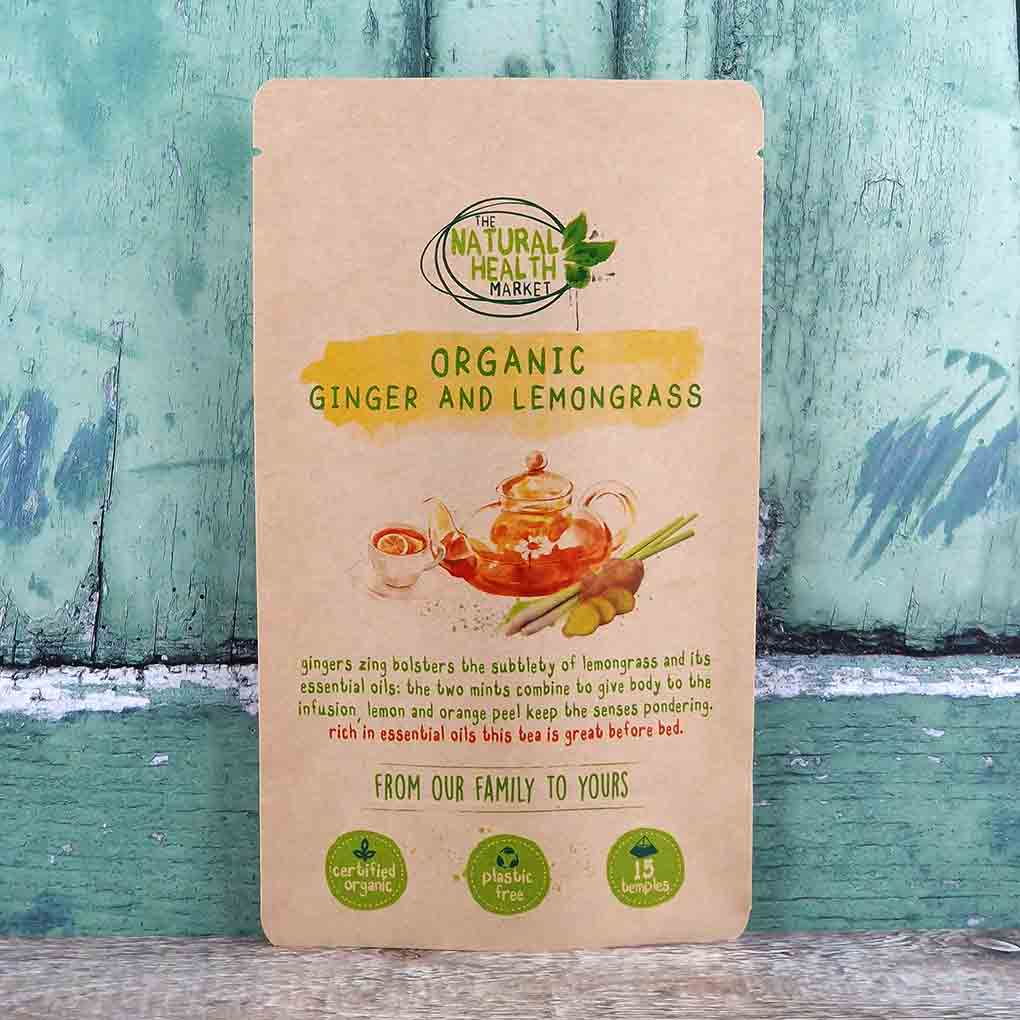 Organic Ginger and Lemongrass Tea Bags  - 15 pyramid bag pack by The Natural Health Market