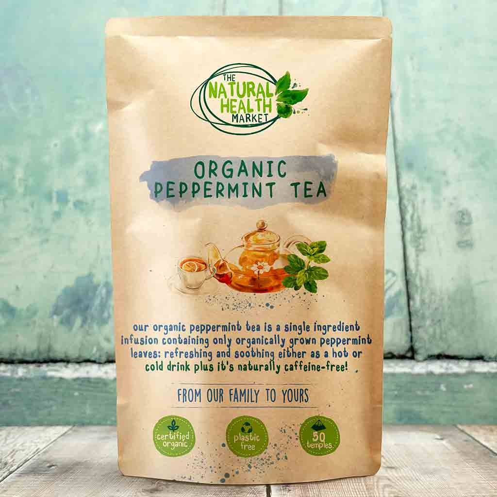 Tea package from The Natural Health Market with organic peppermint tea branding.