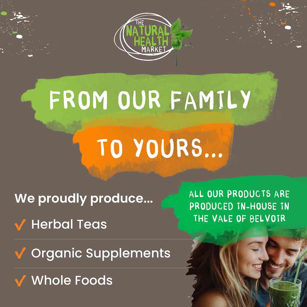 Advertisement for The Natural Health Market with text and a couple enjoying a green drink.