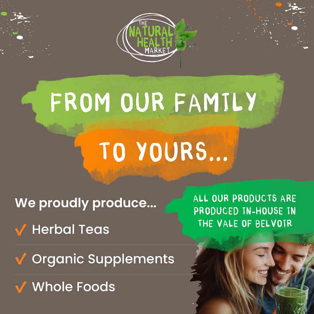 Advertisement for The Natural Health Market with text and a couple enjoying a green drink.