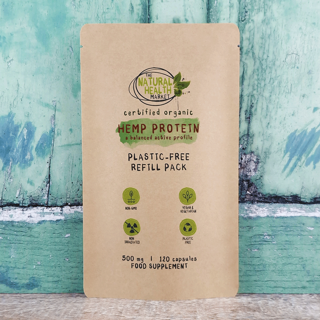 Organic Hemp Protein Capsules 500mg – Vegan, High-Protein Supplement in a Sustainable Pouch.