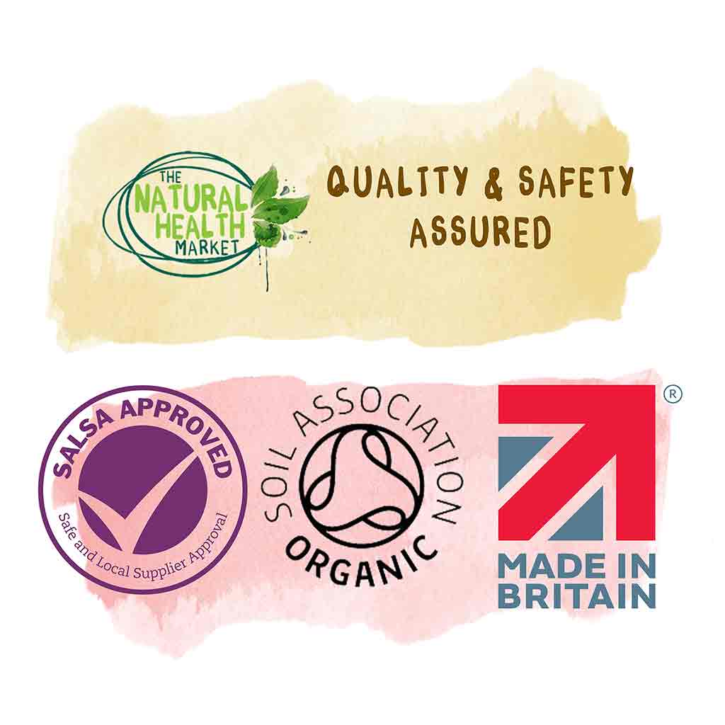 Logos of The Natural Health Market, Salsa Approved, Soil Association Organic, and Made in Britain on a white background.