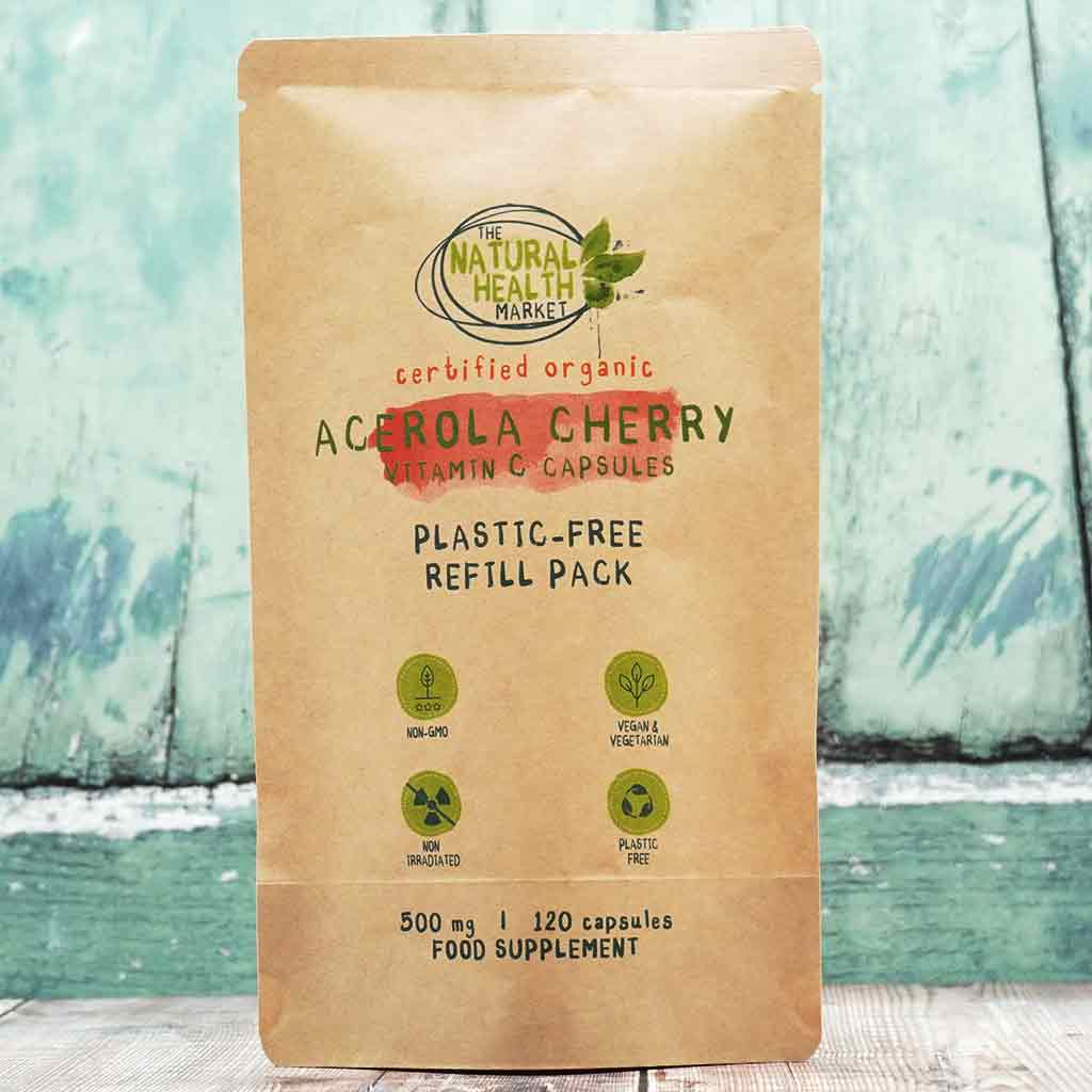 Organic Acerola Cherry Vitamin C Capsules - 120 Capsule Refil; Pouch By The Natural Health Market