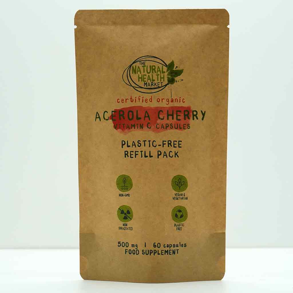 Organic Acerola Cherry Vitamin C Capsules 60 Refill Pouch By The Natural Health Market.