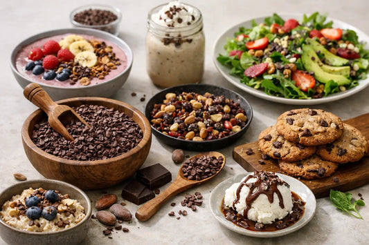 A bowl of cacao nibs surrounded by dishes made with them: a berry breakfast bowl, porridge, a salad, cookies and an ice cream dessert.