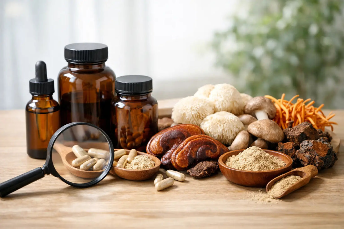 Assorted mushroom supplements — capsules, powder and tincture — with fresh Lion's Mane, Reishi and Chaga mushrooms and a magnifying glass, representing how to check labels and ingredients when choosing a mushroom supplement.