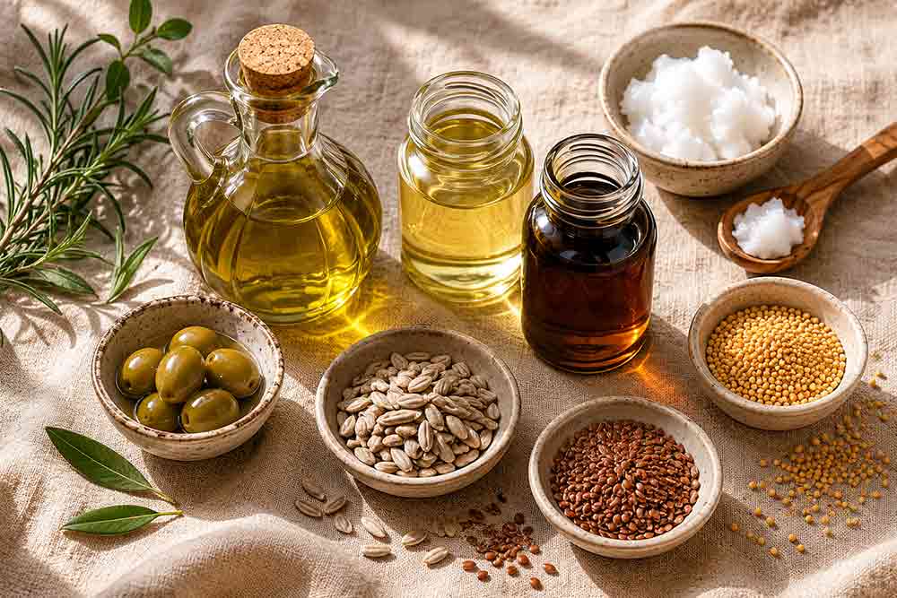Glass bottles of olive oil and seed oils alongside small ceramic bowls of sunflower seeds, flaxseed, mustard seeds, olives, and coconut oil on a linen surface, with fresh rosemary and bay leaves.