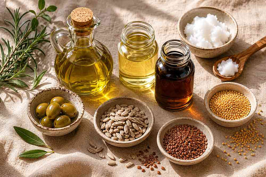 Glass bottles of olive oil and seed oils alongside small ceramic bowls of sunflower seeds, flaxseed, mustard seeds, olives, and coconut oil on a linen surface, with fresh rosemary and bay leaves.