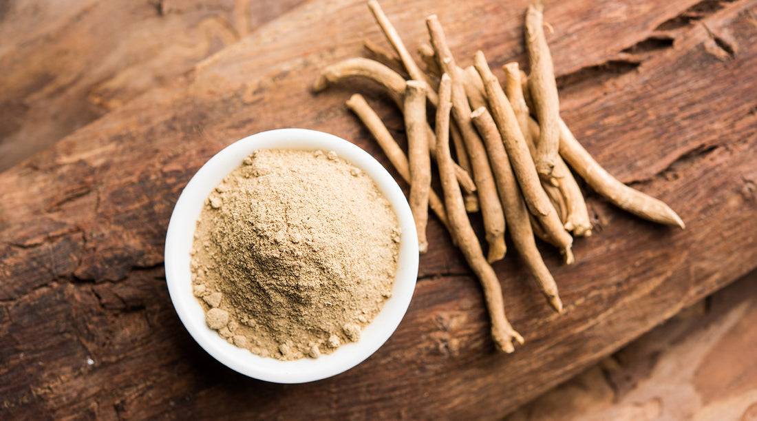 Ashwagandha root and powder in a bowl on a rustic timber log.