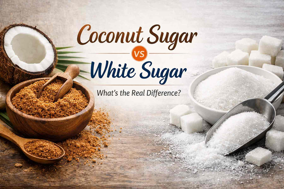 Side-by-side comparison of coconut sugar and white sugar in bowls, highlighting colour and texture differences.