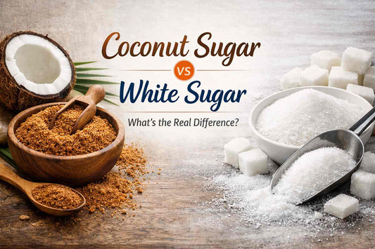 Side-by-side comparison of coconut sugar and white sugar in bowls, highlighting colour and texture differences.