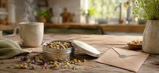 An open aluminium tin of loose herbal tea with dried petals and herbs scattered on a wooden kitchen table, a steaming ceramic mug, and a kraft paper envelope, in a warm, naturally lit home kitchen setting.