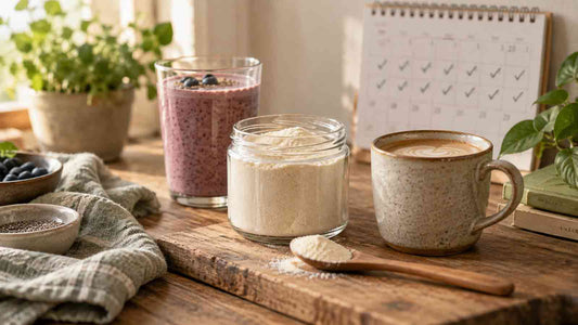 Jar of collagen powder with a wooden spoon, a berry smoothie and a coffee on a kitchen counter, beside a calendar marked with daily checkmarks.