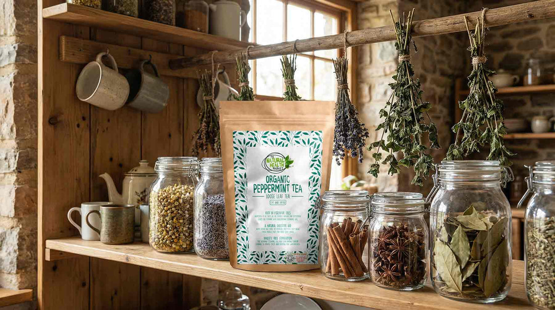 Organic Peppermint Loose tea by The Natural Health Market on a wooden farmhouse shelf.