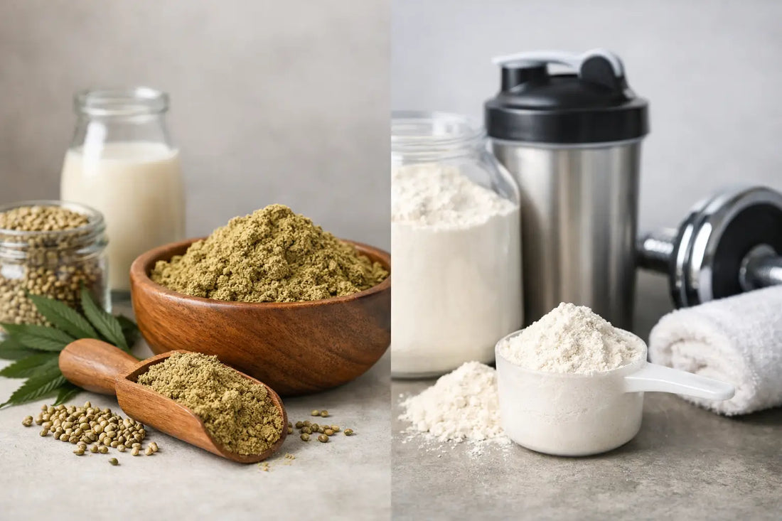 Split image comparing hemp protein powder and seeds on the left with whey protein powder and a shaker bottle on the right.