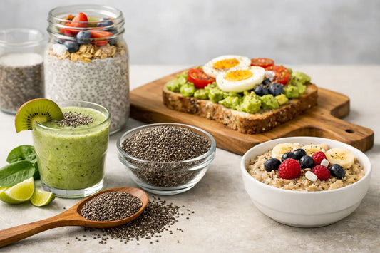 Organic chia seeds displayed with healthy breakfast ideas including chia pudding, green smoothie, overnight oats, and avocado toast on a light background.