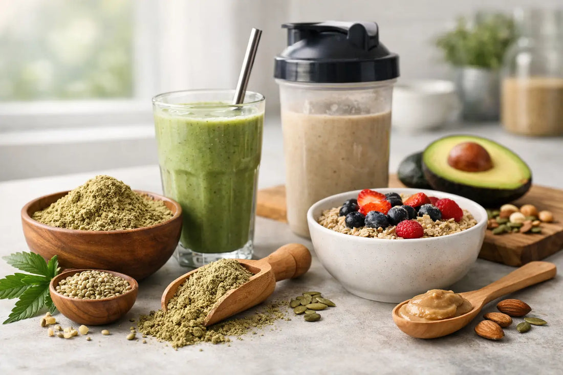 Hemp protein powder and green smoothie beside a protein shake, porridge bowl with berries and almonds, avocado and nut butter, showing everyday ways to use hemp protein.