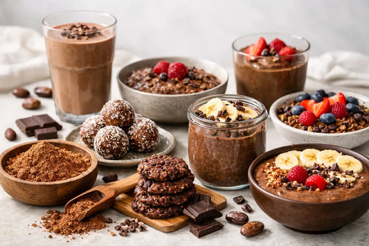 Cacao powder recipes spread including a chocolate smoothie, overnight oats, chia pudding, energy balls, porridge and yoghurt pots, with raw cacao powder and cacao beans.