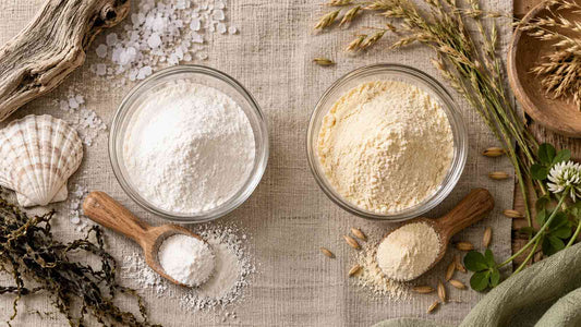 Two bowls of collagen powder side by side, one styled with sea salt and shells, the other with dried grass and clover, on a linen surface.