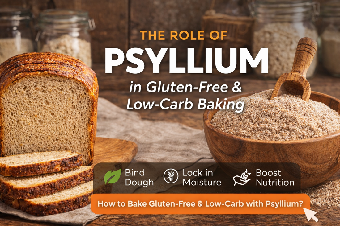 Sliced gluten-free bread and a wooden bowl of psyllium husk powder, with text reading 'The Role of Psyllium in Gluten-Free & Low-Carb Baking' and icons for binding dough, locking in moisture, and boosting nutrition.