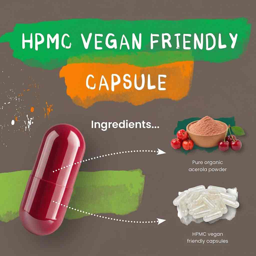 Vegan-friendly capsule with ingredients displayed on a brown background