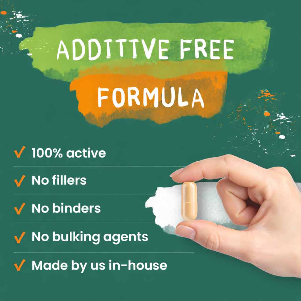 Additive free supplement formula graphic with green background, checklist of benefits, and a hand holding a Milk Thistle capsule.