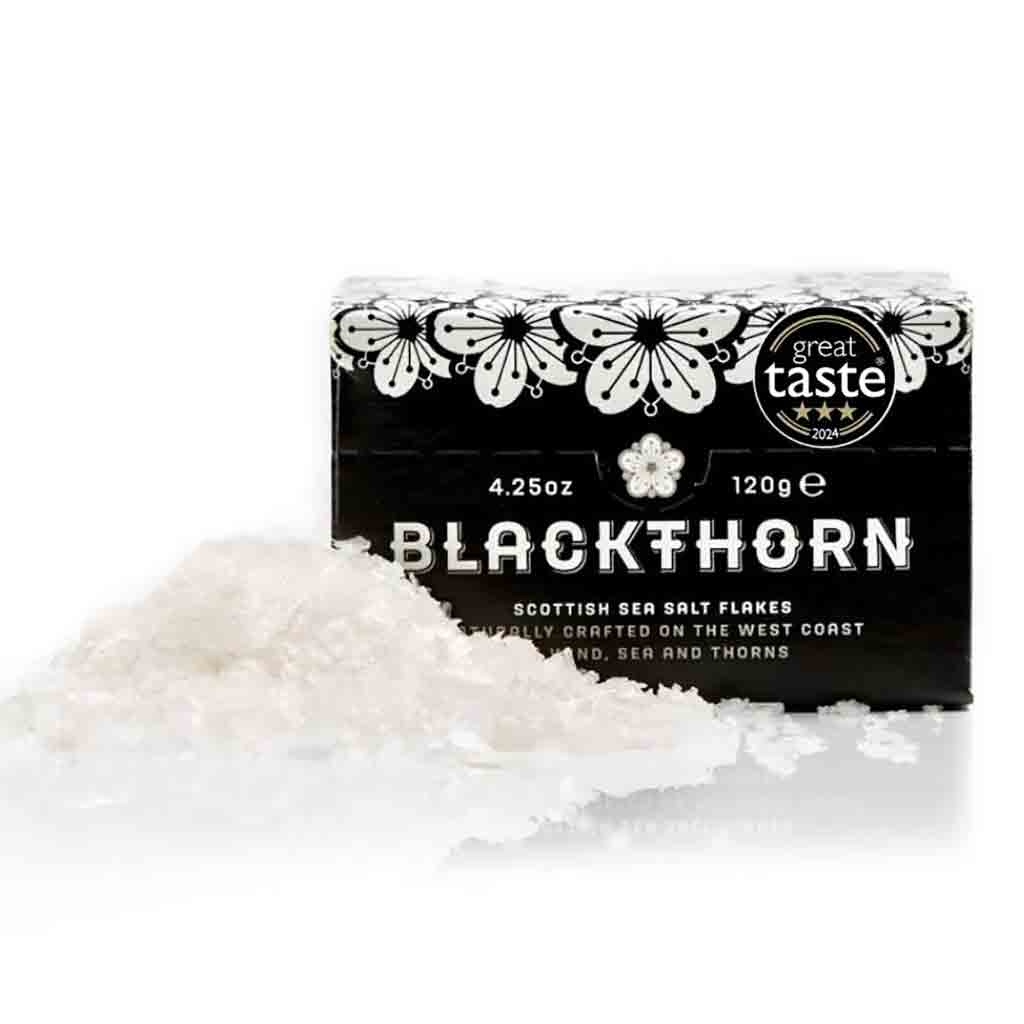 Blackthorn Scottish Sea Salt Flakes 120g with packaging on a white background.
