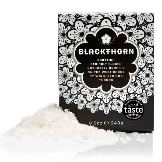Blackthorn Scottish Sea Salt Flakes 240g packaging with white salt in front.