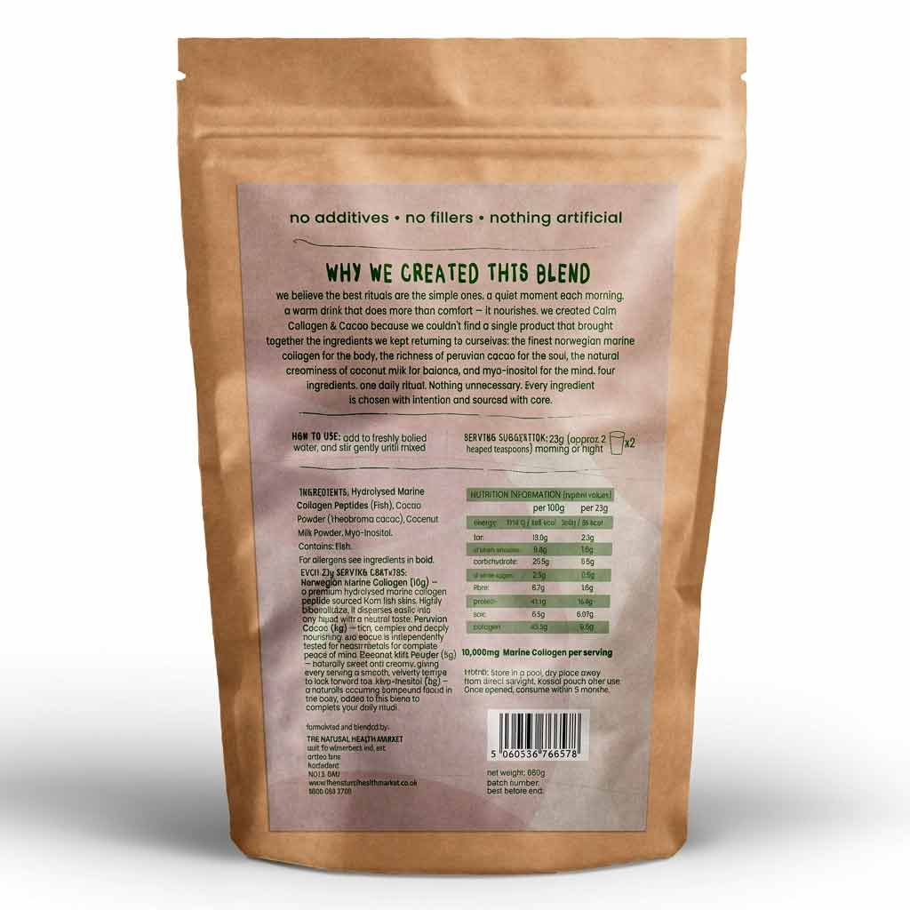 Clam Collagen and Cacao drink package with nutritional information and ingredients on a white background