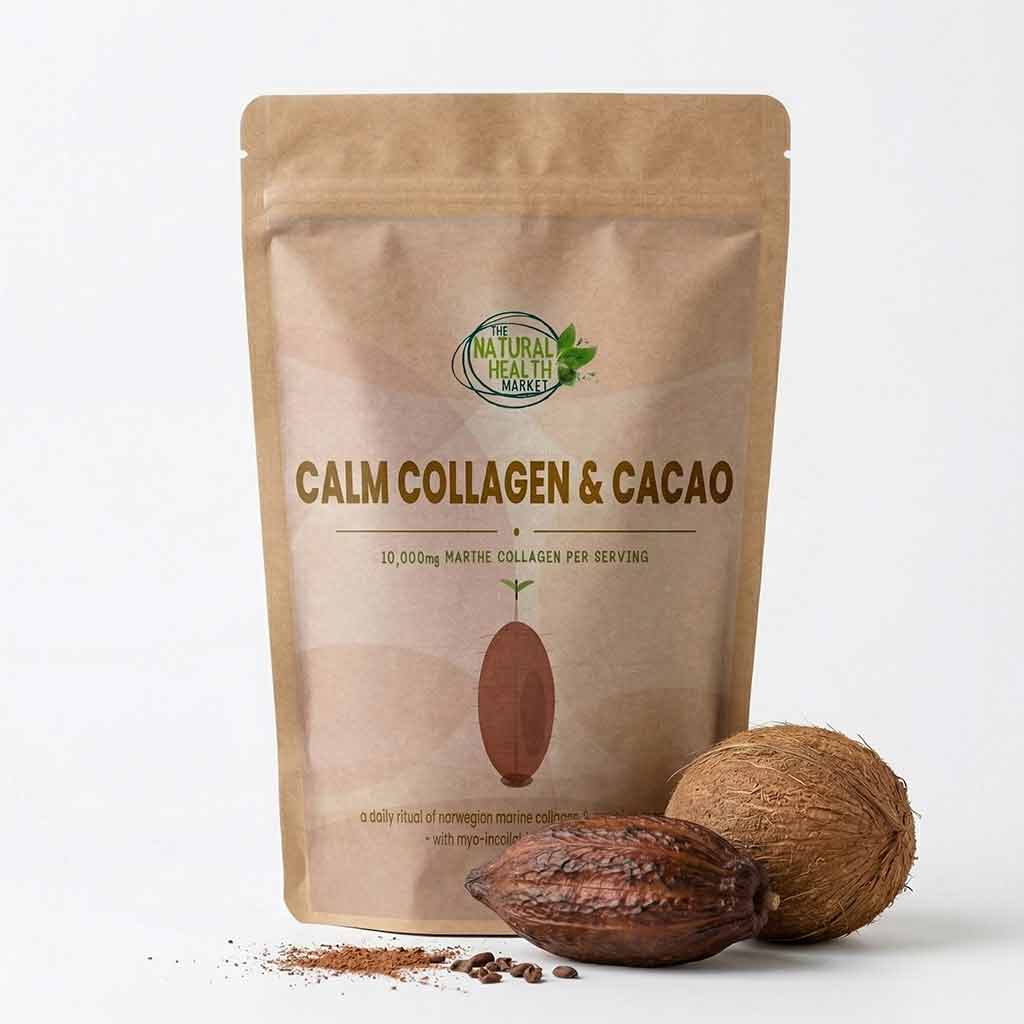 Kraft paper packaging of 'Calm Collagen & Cacao' with a coconut and cacao beans on a white background