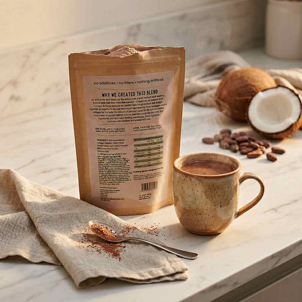 Calm  Collagen and Cacao drink package and cup on a marble surface with coconuts and cacao beans.