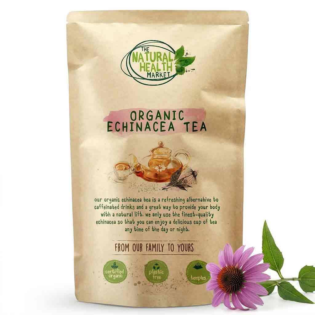 Bag of Organic Echinacea Tea from The Natural Health Market with a purple flower and green leaves on a white background.