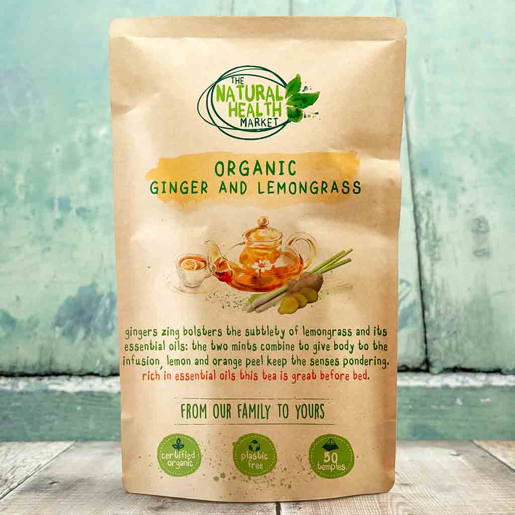 Organic Ginger and Lemongrass Tea package from The Natural Health Market with organic certification logos on a wooden surface.