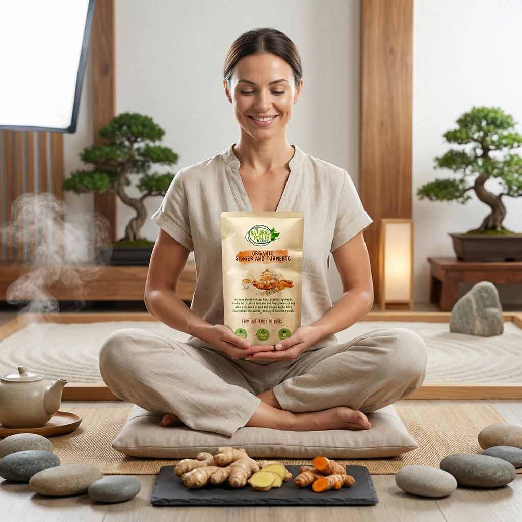 Woman sitting in a meditative pose holding a package of organic Ginger and Turmeric Tea Bags in a serene setting.