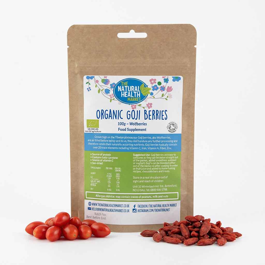 Bag of Organic Goji Berries with a label on a white background
