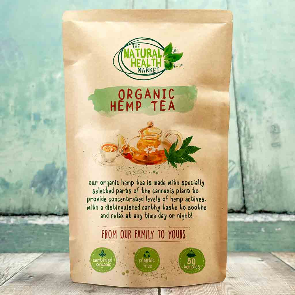Organic hemp tea package from The Natural Health Market on a wooden surface with a blue-green gradient background.