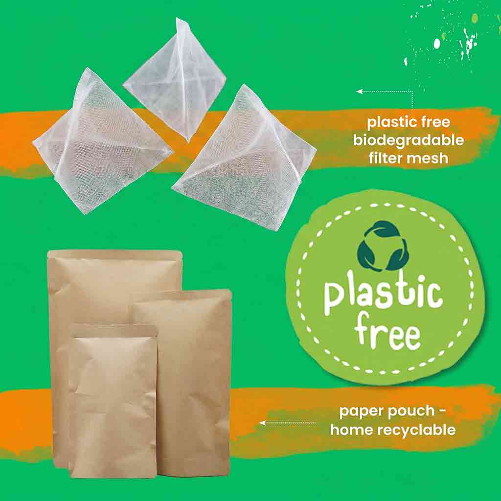 Tea bags and paper pouches with 'plastic free' and 'biodegradable' text on a green background