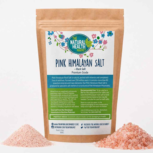 Himalayan Pink salt by the natural health market on a white background with both coarse and fine salt on show.