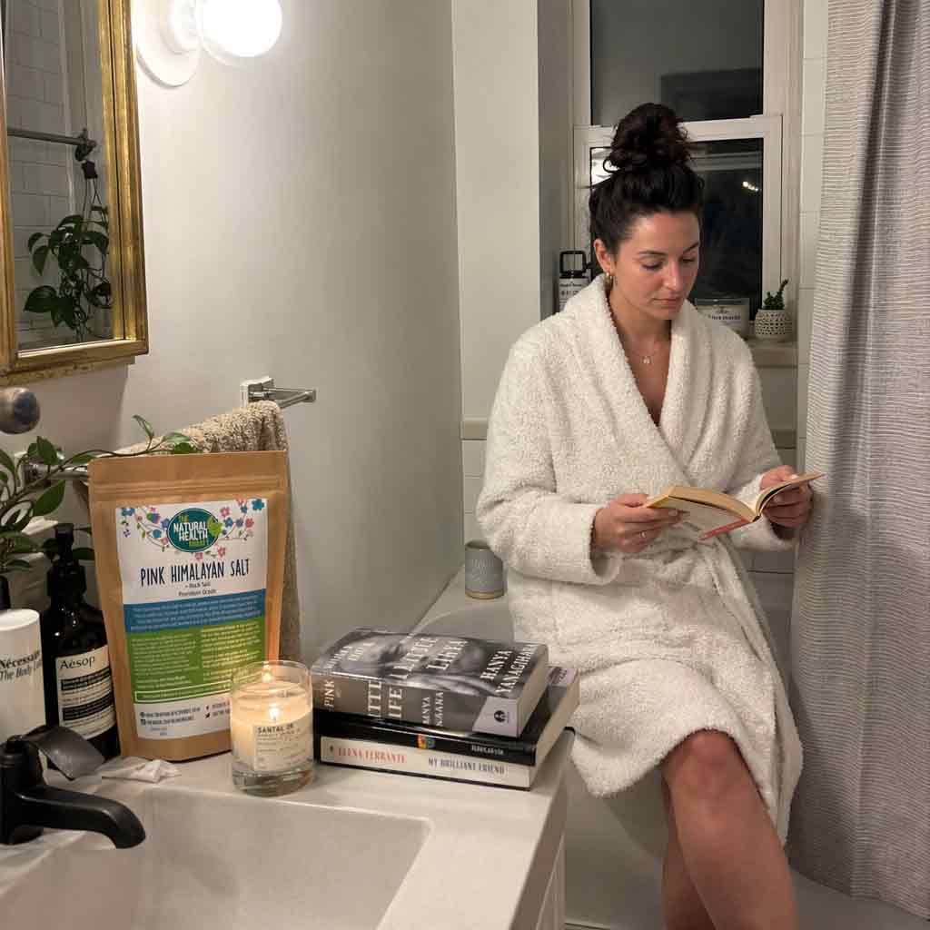 Woman in a bathrobe reading a book in a bathroom with candles and books on the counter.