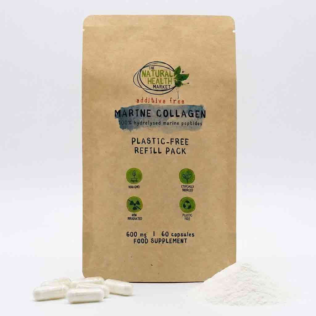 Natural Health Markets Marine Collagen refill pack in a brown kraft paper pouch, shown with several white capsules in front and a small pile of white powder on a light gray background.