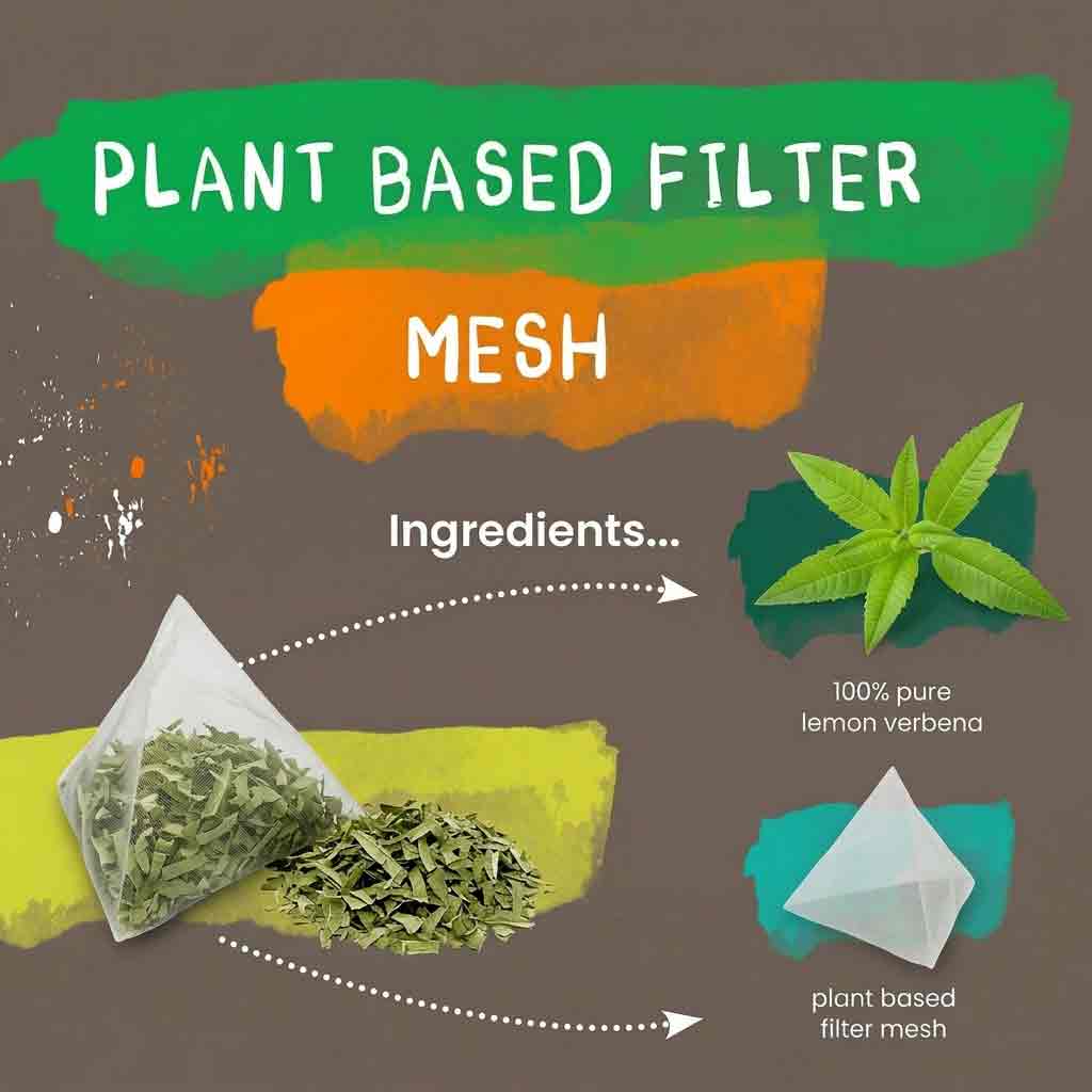 Plant-based filter mesh with lemon verbena ingredients on a brown background