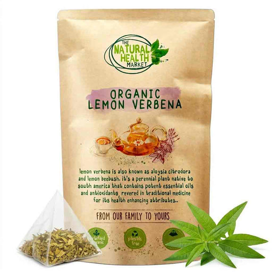 Bag of organic lemon verbena from The Natural Health Market with a teacup and tea bag illustration.