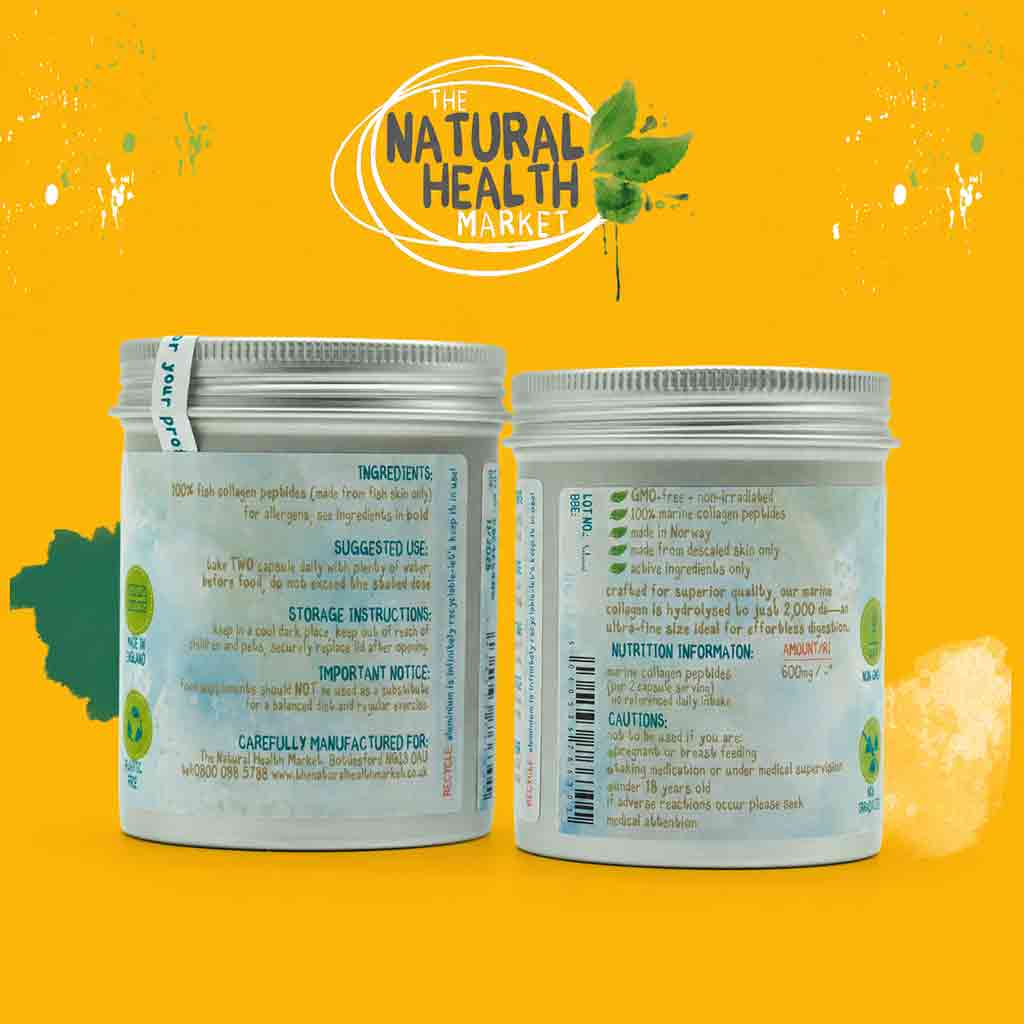 Two white aluminium tins of collagen powder shown from the back, displaying labels with ingredients, instructions, and warnings. The background is a bright yellow-orange colour with a green leaf graphic and a logo for 'The Natural Health Market'.