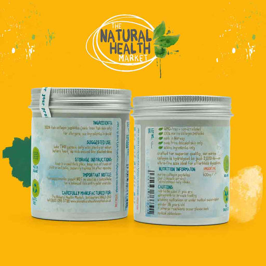 Two white aluminium tins of collagen powder shown from the back, displaying labels with ingredients, instructions, and warnings. The background is a bright yellow-orange colour with a green leaf graphic and a logo for 'The Natural Health Market'.